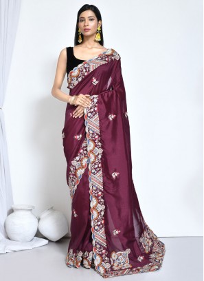 Wine Sequins Crepe Silk Trendy Saree