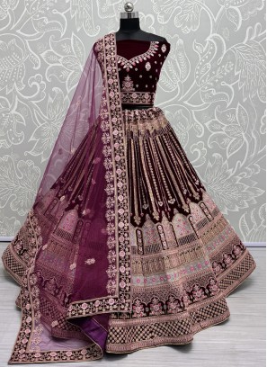 Wine Velvet Designer Lehenga Choli