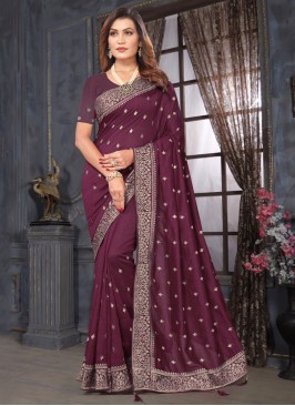 Wine Vichitra Silk Embroidered Classic Saree