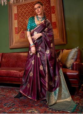 Wine Weaving Satin Designer Saree