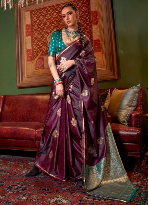 Wine Weaving Satin Designer Saree