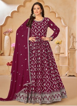 Winsome Faux Georgette Embroidered Wine Salwar Kam