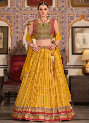 Winsome Yellow Foil Print Silk Readymade Lehenga Choli