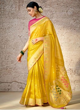 Woven Banarasi Silk Contemporary Saree in Yellow