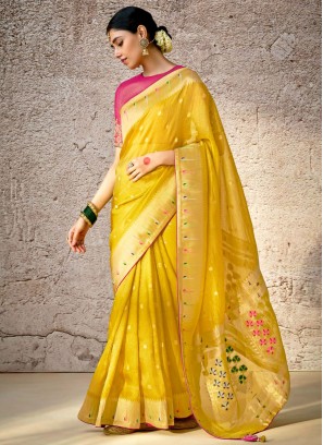 Woven Banarasi Silk Contemporary Saree in Yellow