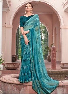 Woven Chiffon Contemporary Saree in Turquoise