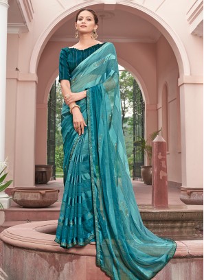 Woven Chiffon Contemporary Saree in Turquoise