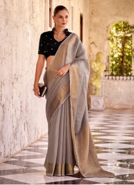 Woven Linen Trendy Saree in Grey