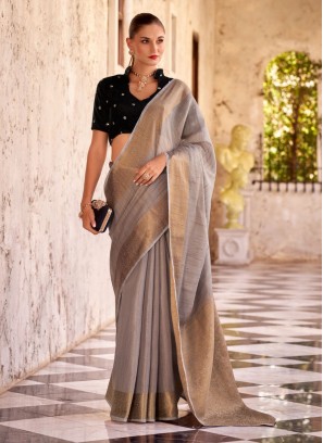 Woven Linen Trendy Saree in Grey