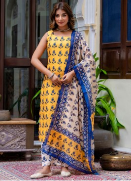 Yellow Blended Cotton Festival Designer Salwar Kameez