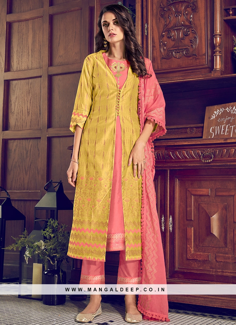 Navy blue and yellow embroidered chanderi suit set - set of three by  MissPrint | The Secret Label