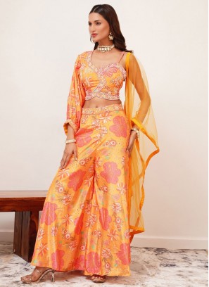 Yellow Chinon Print Readymade Salwar Kameez