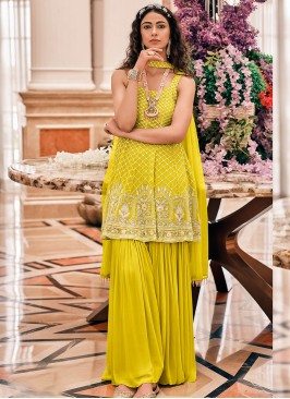 Yellow Color Georgette Embroidered Fancy Sharara S