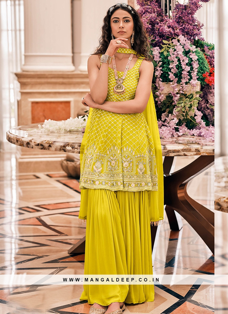 Yellow Color Georgette Embroidered Fancy Sharara Suit