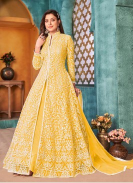 Yellow Color Net Sequins Embroidered Long Suit