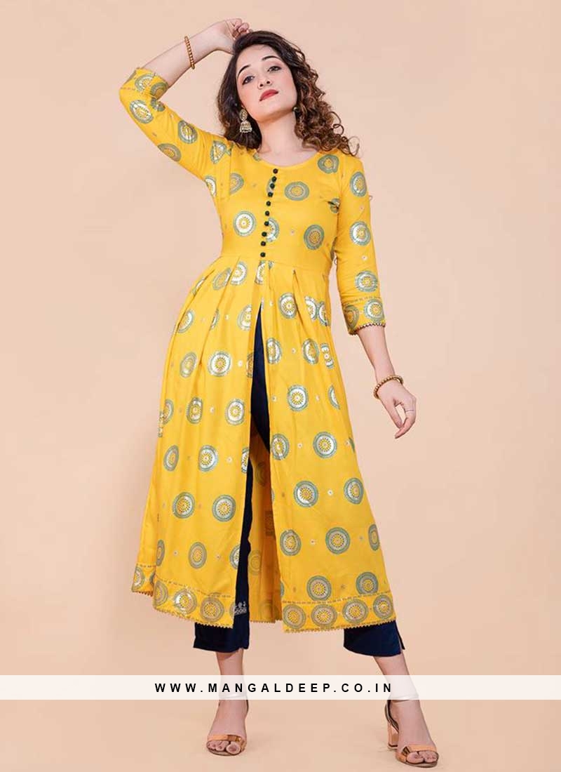 yellow color rayon front cut style kurti 42835