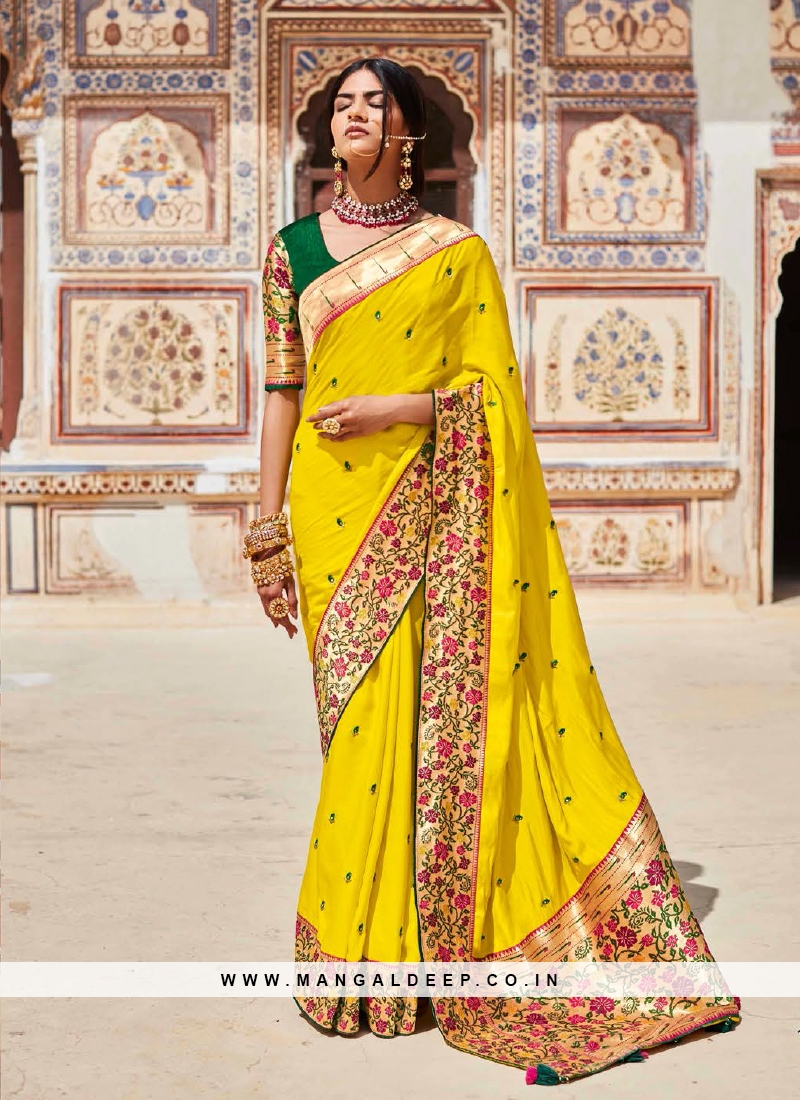 Incredible Yellow Color Festive Wear Paithani Silk Saree