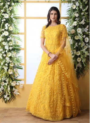 Yellow Color Stone Work Long Gown