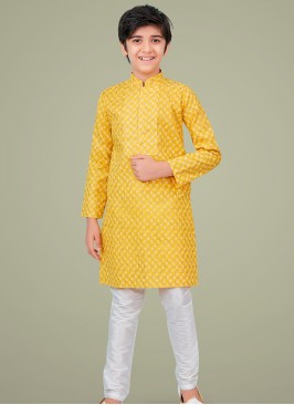 Yellow cotton silk Indo Western Suit for Boys.