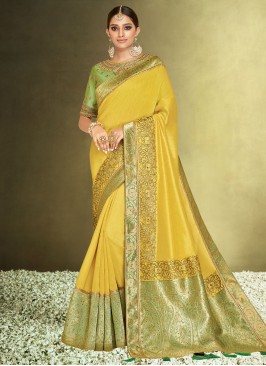 Yellow Cutwork Satin Silk Contemporary Saree