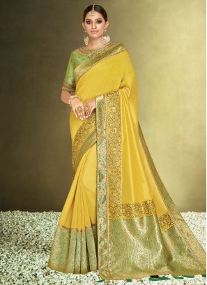 Yellow Cutwork Satin Silk Contemporary Saree