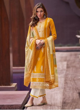 Yellow Digital Print Cotton Trendy Salwar Kameez