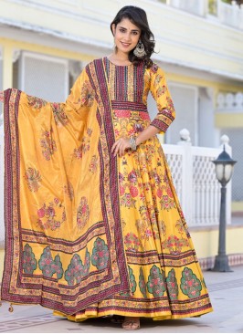 Yellow Digital Print Mehndi Readymade Gown