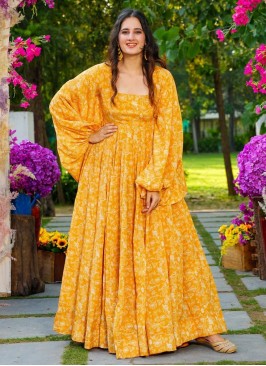 Yellow Digital Print Party Readymade Gown