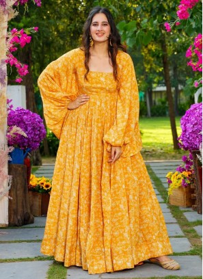 Yellow Digital Print Party Readymade Gown