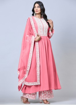 Pink Embroidered Faux Georgette Semi-stiched Salwa