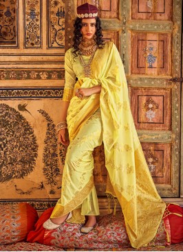 Yellow Georgette Woven Designer Saree