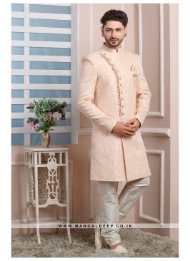 Peach Jacquard Silk Wedding Wear Indo Western Sher