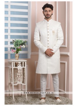 Cream Jacquard Silk Wedding Wear Indo Western Sher
