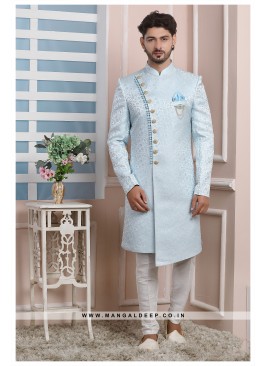 Sky Blue Jacquard Silk Wedding Wear Indo Western Sherwani