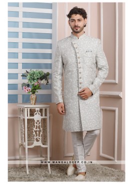 Grey Jacquard Silk Wedding Wear Indo Western Sherwani