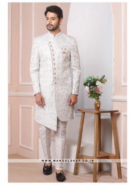 Off White & Grey Jacquard Silk Wedding Wear Indo W