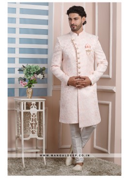Pink Jacquard Silk Wedding Wear Indo Western Sherw