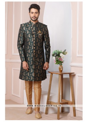 Green Jacquard Silk Wedding Wear Indo Western Sherwani
