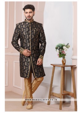 Black Jacquard Silk Wedding Wear Indo Western Sher