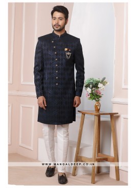 Blue Velvet Jacquard Silk Wedding Wear Indo Western Sherwani