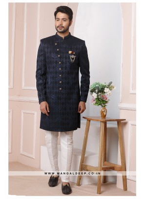 Blue Velvet Jacquard Silk Wedding Wear Indo Western Sherwani
