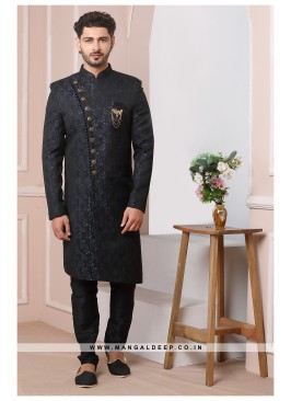Navy Blue Jacquard Silk Wedding Wear Indo Western 