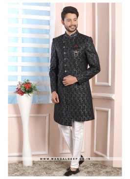 Grey & Black Jacquard Silk Wedding Wear Indo Weste