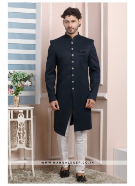 Blue Jacquard Silk Wedding Wear Indo Western Sherw