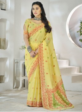 Yellow Linen Aari Classic Saree