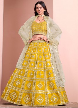 Yellow Mehndi Art Silk Trendy A Line Lehenga Choli