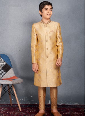 Young Royalty Sherwani Trouser Set - Yellow & Chikoo.
