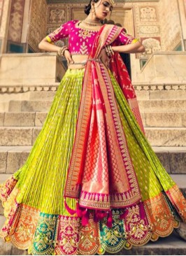 Zari Embroidered Banarasi Silk Pear Green Lehenga