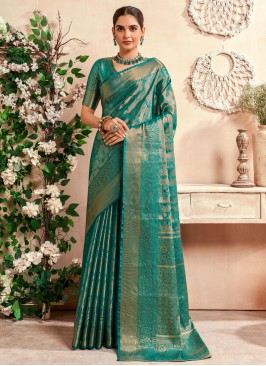 Zari Malbari Silk  Designer Saree in Firozi