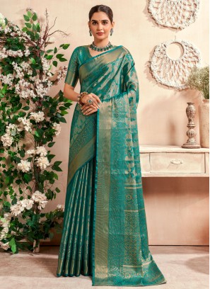 Zari Malbari Silk  Designer Saree in Firozi